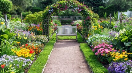 Obraz premium Flower Garden Background: A lively garden bursting with colorful blooms, meticulously arranged in beds and borders, featuring a quaint bench and decorative archway. 