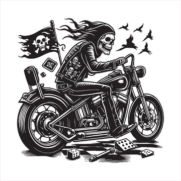 skull ride chooper black white vector