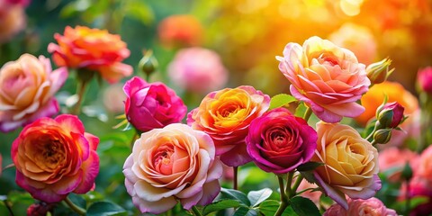 Fototapeta premium Vibrant photo of freshly bloomed rose blossoms, vibrant, rose, blossoms, flowers, fresh, garden, petals, colorful, beauty