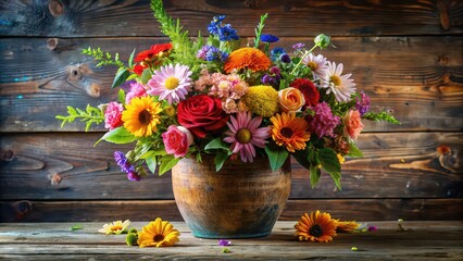 Floral art composition featuring a colorful mix of flowers in a rustic vase, floral, art, composition, colorful, mix, flowers