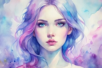 Vibrant lilac-haired female silhouette stands out against matching soft focus background, creating a dreamy, ethereal atmosphere perfect for beauty, fashion, and wellness themes.