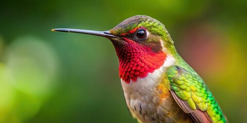 Fototapeta premium Detailed of a Ruby-throated hummingbird , vibrant, colorful, detailed, wildlife, nature, bird, feather, delicate, beauty, animal