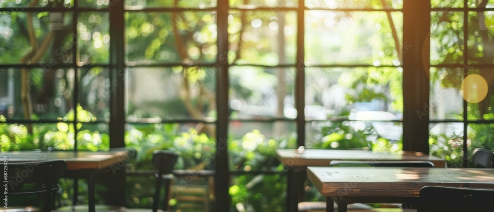 Poster a restaurant with large windows and tables in front of them. ai.