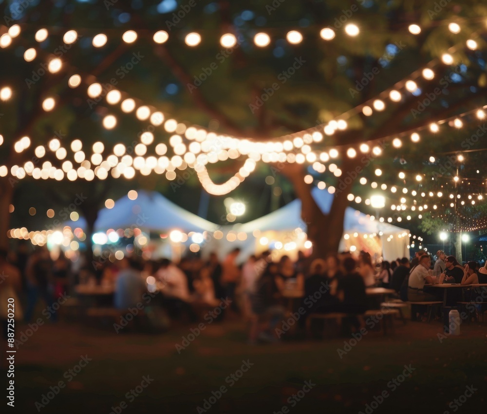 Poster a group of people sitting at tables under string lights. ai.
