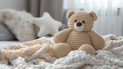 Cozy Knit Teddy Bear on Blanket.