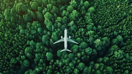 Aerial view white plane flying over green forest.
