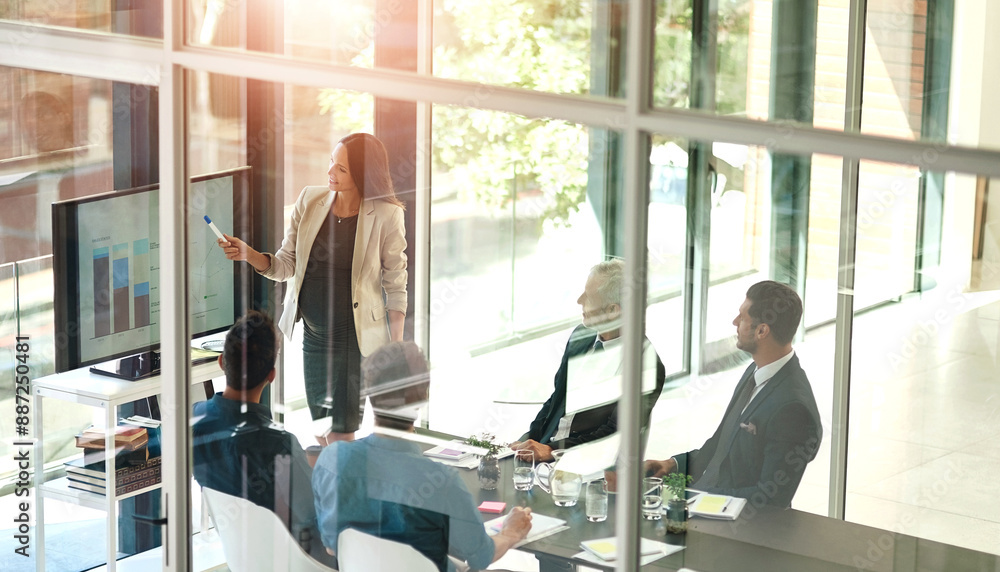 Aufkleber business woman, presentation and conference room glass with collaboration and digital chart. speaker