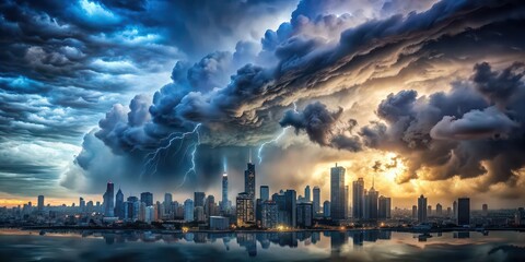 Obraz premium Double exposure photo of a stormy sky overlaying a city skyline, storm, clouds, dramatic, weather, skyline, cityscape