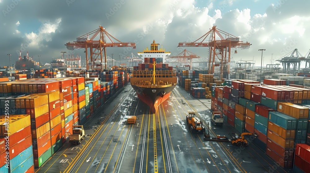 Poster cargo ship at busy container port. cargo ship docked at a busy container port surrounded by colorful