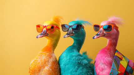 colored ducks on a yellow background