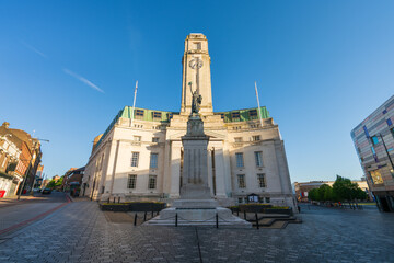 Front view of Luton city Town Hall at sunrise