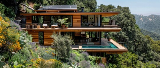 Modern sustainable hillside house with wooden exterior, lush surroundings, rooftop solar panels, and an infinity pool offering panoramic views.