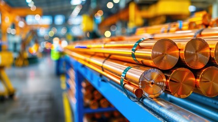 Close-up of copper rods stacked in an industrial warehouse with a blurred background, highlighting engineering and manufacturing processes.