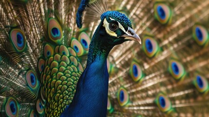 Fototapeta premium Peacock displaying its vibrant tail feathers with space for text