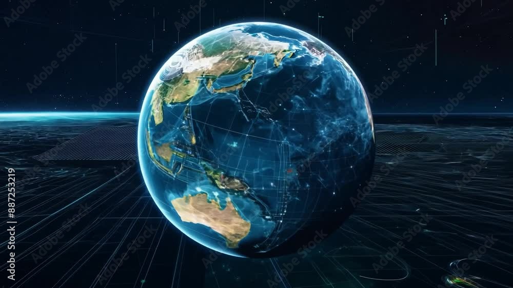 Poster a digital rendering of the earth from space, surrounded by glowing lines and a dark, starry sky.