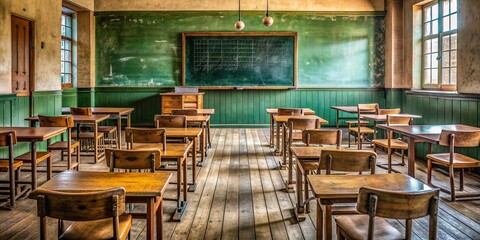 Empty classroom with worn wooden desks, green chalkboard covered in math equations, and a single chair in front, evoking a sense of nostalgia and learning.