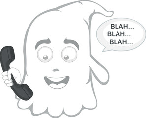 vector illustration character ghost cartoon, talking on the phone and a speech bubble with the text blah