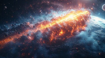 Fototapeta premium Stunning digital artwork depicting a dramatic meteor explosion impacting Earth, surrounded by fiery debris and cosmic scenes.