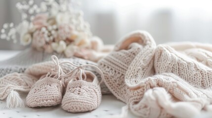 Knitted baby shoes and clothes with copy space on white background vertical photo for celebrating a baby girl s birth Concept of pregnancy and motherhood