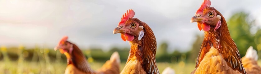 A group of hens with red combs and golden feathers standing in a sunny field, showcasing a farm or free-range environment.