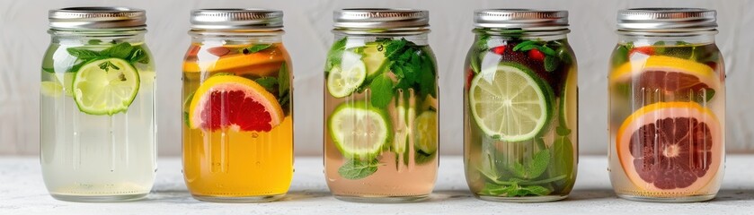 Five mason jars filled with various infused water, each containing different fruits and herbs, arranged in a row.