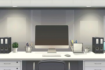 Illustration of a Modern Office Desk with Computer, Laptop, and Accessories