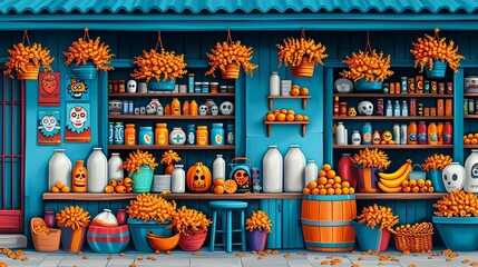 Obraz premium Street market for Dia De Los Muertos, colorful booths with festive goods, marigold garlands, vibrant cultural items, bustling atmosphere, vintage style, highly detailed