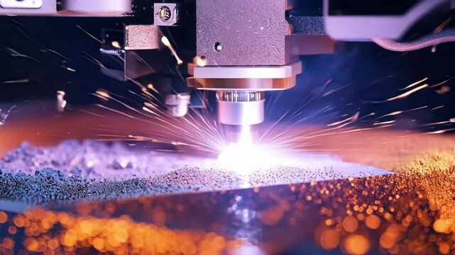 Extreme closeup of a metal 3D printer melting and shaping metal powder in a process called SLM selective laser melting.