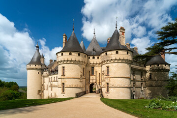 Fototapeta premium View of the Chateau Chaumont-sur-Loire, a medieval castle on the banks of the Loire, between the towns of Amboise and Blois on a sunny summer day, Loir-et-Cher, France