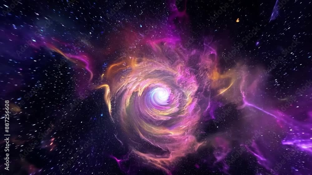 Poster a swirling, colorful nebula with a bright central core is set against a background of twinkling star