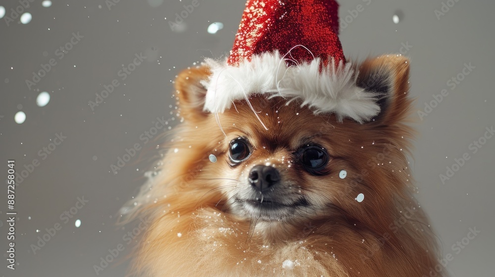 Wall mural Pomeranian dog in sparkly hat ready for holiday party posing on gray background gazes at camera