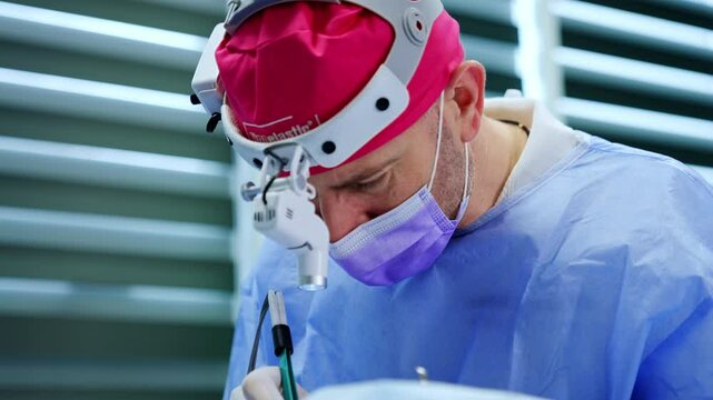 Focused male surgeon using the surgical electric device at operation. Doctor distracts for a second glancing at camera. Close up.
