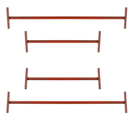 Horizontal metal old angle profile painted with red paint with handles with holes for strings or mounting screws - on isolated transparent background.