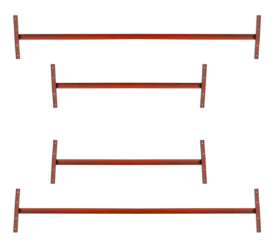 Horizontal metal old angle profile painted with red paint with handles with holes for strings or mounting screws - on isolated transparent background.