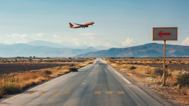 Road sign indicating the direction of Antalya airport and a plane that just got up. 
