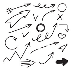 Set of hand drawn arrows. Doodle arrows, circle, star, heart, cross. Vector arrows.