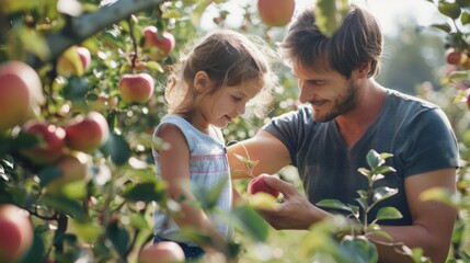 A father and his young daughter stand in an apple orchard, their eyes focused on a branch laden with ripe apples. 