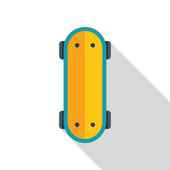 Yellow skateboard standing on white background with shadow, viewed from above