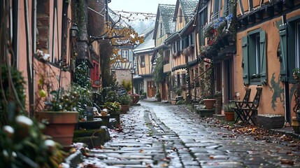 Fototapeta premium Riquewihr France Picturesque street with traditional half timbered houses on the Alsace Wine Route : Generative AI
