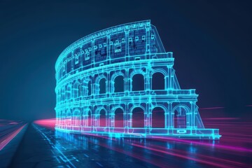 A coliseums historical significance is explored through a holographic tour, futuristic with hologram, with copy space