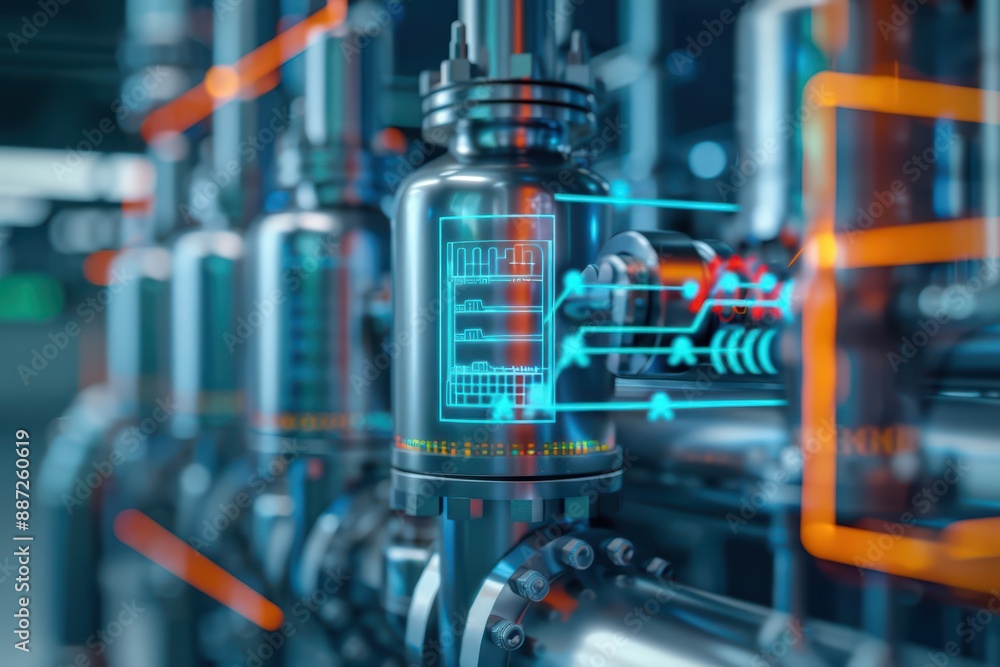 Poster a distillation columns efficiency is monitored through a holographic interface, futuristic with holo
