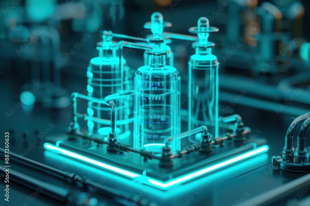 Poster a distillation columns efficiency is monitored through a holographic interface, futuristic with holo