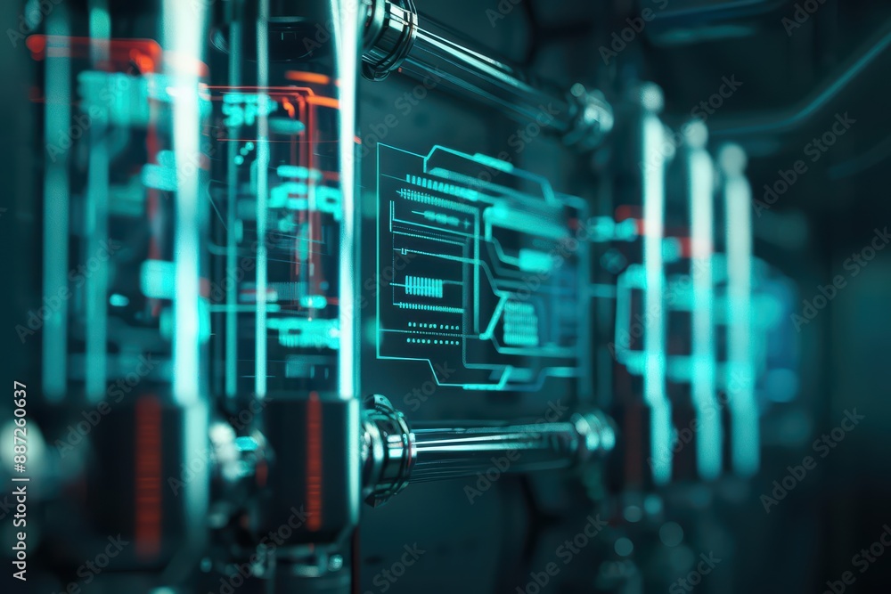 Poster a distillation columns efficiency is monitored through a holographic interface, futuristic with holo