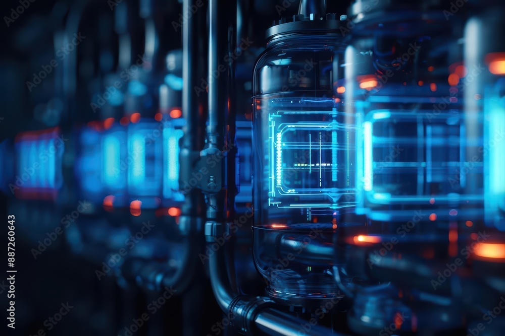 Poster a distillation columns efficiency is monitored through a holographic interface, futuristic with holo