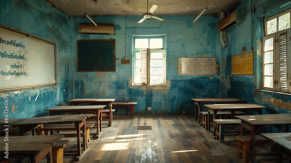 Poster empty classroom of a primary school from india : generative ai