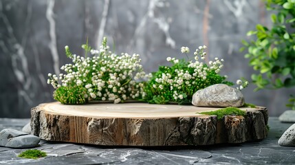 Decoration Wood cut podium and stone arrangements with green flowers on white background  Abstract podium for organic cosmetic products Natural stand for presentation and exhibitions F : Generative AI