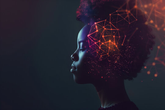 Side view of a young woman with glowing neural network in her head on dark background, banner design with negative space - Powered by Adobe