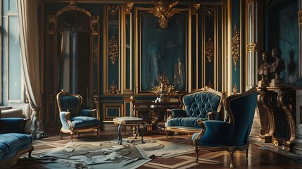chic interior of the room in the Renaissance style of the 19th century with modern luxury furniture walls of noble dark color are decorated with stucco and gilded frames wooden parquet : Generative AI