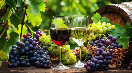 Naklejka premium glasses filled with wine. There are grapes next to the glass. Wine day