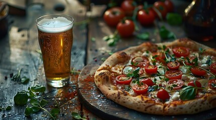 Homemade pizza with vegetables and a glass of beer on a rustic table : Generative AI